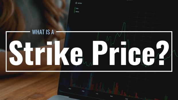 Photo of an open laptop displaying a stock price graph with text overlay that reads "What Is a Strike Price?"