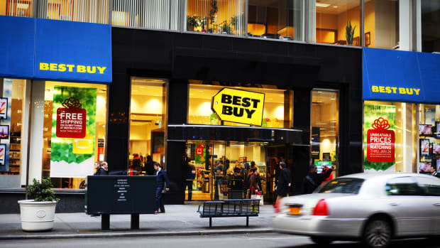 The exterior of a Best Buy. Lead