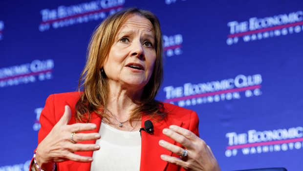 WASHINGTON, DC - DECEMBER 13: Mary Barra, CEO of General Motors, speaks during an interview with David Rubenstein, the President of The Economic Club at the Ritz Carlton Hotel on December 13, 2023 in Washington, DC. Barra covered many topics pertaining to the automotive industry during her interview, including electric cars and the workforce involved in the production of vehicles. (Photo by Anna Moneymaker/Getty Images)