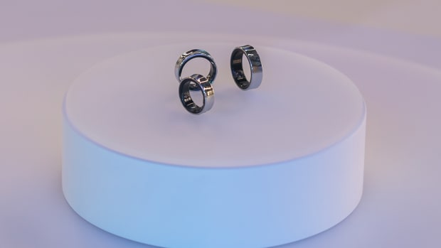 Samsung's forthcoming Galaxy Ring in silver on display in three sizes at MWC 2024.