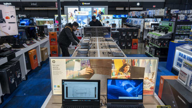 HP laptop computers inside a Best Buy store on Black Friday in Union City, Calif., on Nov. 24, 2023.