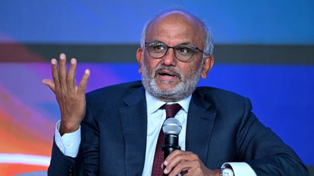 Shantanu Narayen, Chairman and CEO of Adobe Systems addresses the gathering on the first day of the three-day B20 Summit in New Delhi on August 25, 2023. (Photo by Sajjad HUSSAIN / AFP) (Photo by SAJJAD HUSSAIN/AFP via Getty Images)