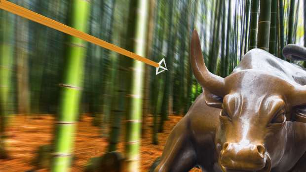 An arrow flying through a bamboo grove towards a statue of a bull.