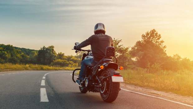 Motorcyclist on the highway on a Harley-Davidson Fat Bob in Kharkiv, Ukraine, on July 15, 2021. 