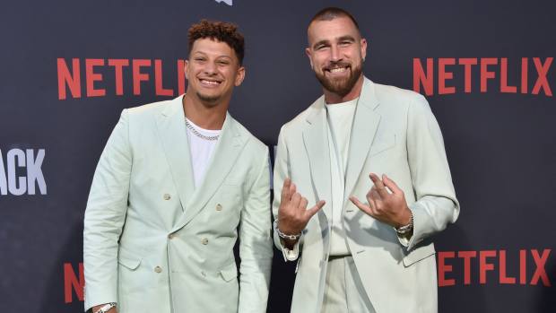 US Kansas City Chief's american football players Patrick Mahomes (R) and Travis Kielce (L) arrive for the premiere of Netflix's docuseries "Quarterback" at the Tudum Theatre in Los Angeles, on July 11, 2023. (Photo by Chris Delmas / AFP) (Photo by CHRIS DELMAS/AFP via Getty Images)