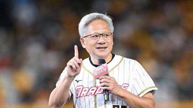 TAIPEI, TAIWAN - JUNE 01: NVIDIA CEO Jensen Huang talks prior to the CPBL game between CTBC Brothers and Wei Chuan Dragons at at Taipei Dome on June 01, 2024 in Taipei, Taiwan. (Photo by Gene Wang/Getty Images)