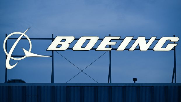 The Boeing Co. logo is displayed outside of company offices near Los Angeles International Airport (LAX) in El Segundo, California on January 18, 2024. (Photo by Patrick T. Fallon / AFP) (Photo by PATRICK T. FALLON/AFP via Getty Images)