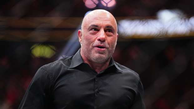 Joe Rogan enters the Octagon in the BMF championship fight during the UFC 300 event at T-Mobile Arena on April 13, 2024 in Las Vegas, Nevada.