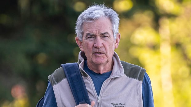 Jerome Powell, chairman of the U.S. Federal Reserve, right, walks the grounds at the Jackson Hole economic symposium in Moran, Wyoming, US, on Thursday, Aug. 24, 2023. Powell's speech at Jackson Hole this week promises to give stocks a boost. But it's likely to be short lived as the liquidity outlook soon worsens. Photographer: David Paul Morris/Bloomberg via Getty Images