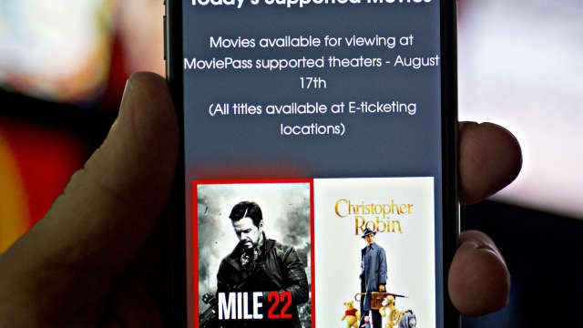 The MoviePass app is displayed on an Apple Inc. iPhone.