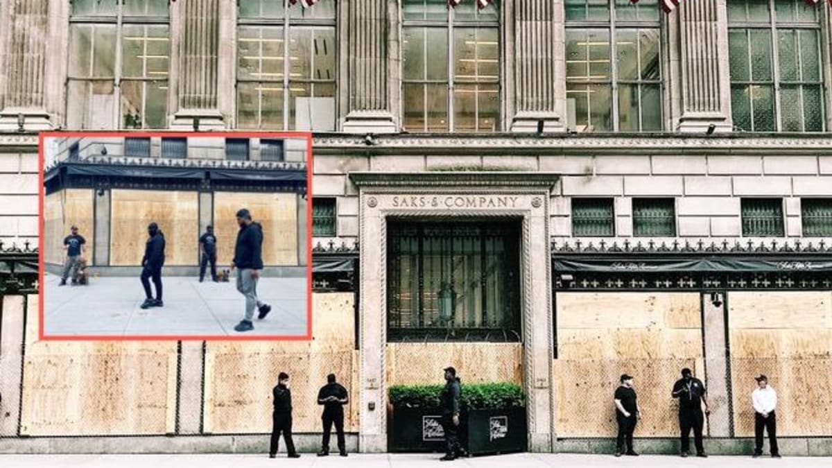 Saks Fifth Avenue is wrapped in razor wire to prevent looting